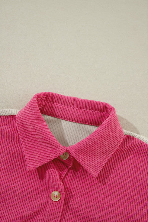 Colorblock Curved Hem Corduroy Shacket with Pocket